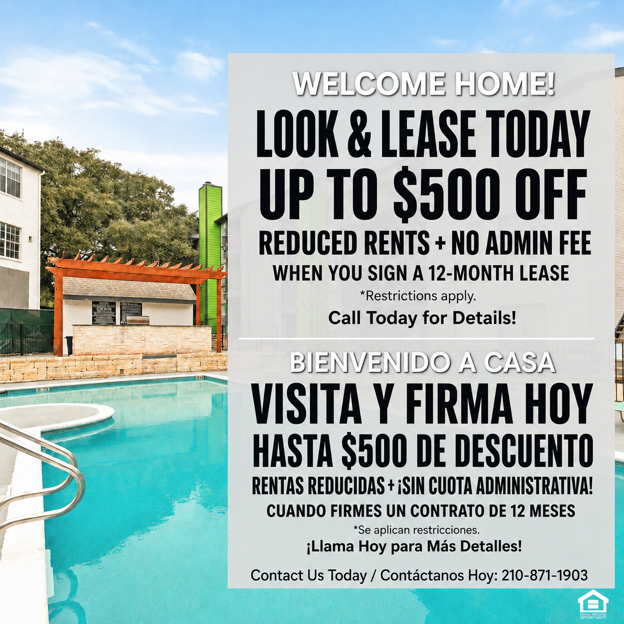 Look & Lease Today to receive up to $500 off, reduced rents, and no admin fee when you sign a 12-month lease!